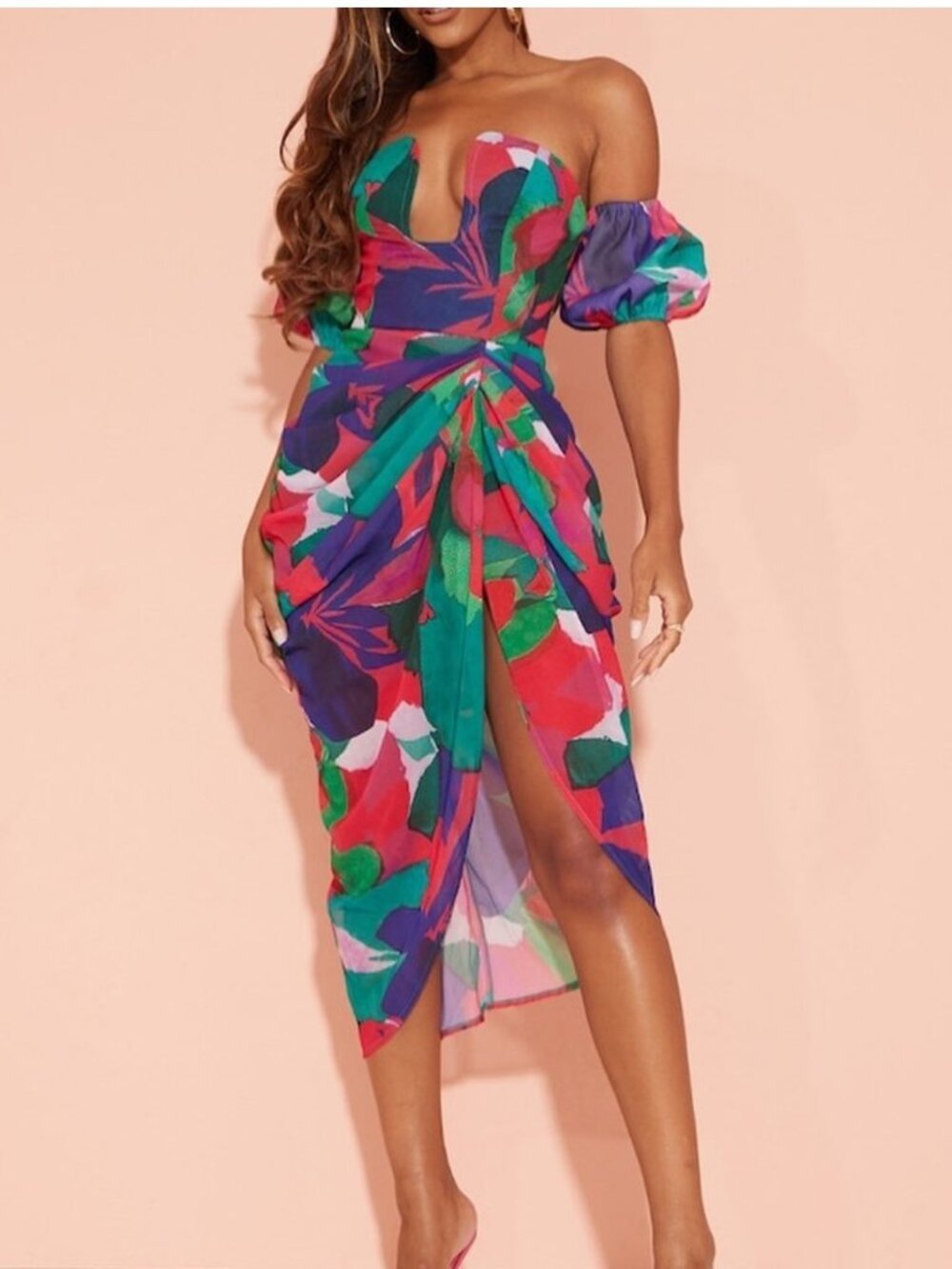 PrettyLittleThing Tropical Print Cut Out Midi Dress NWT Size 10